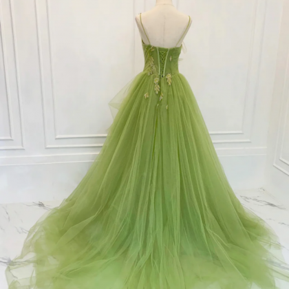 Elegant Green Tulle Spaghetti Straps A-Line Long Prom Dresses Formal Dress Y4377