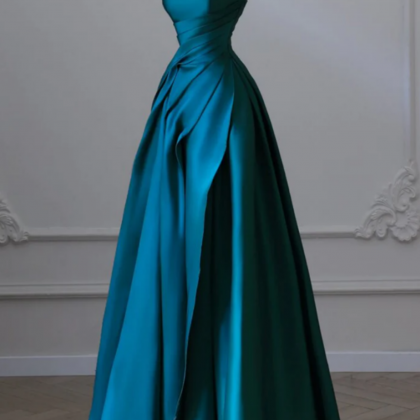 A Line Strapless Satin Peacock Blue Long Prom..