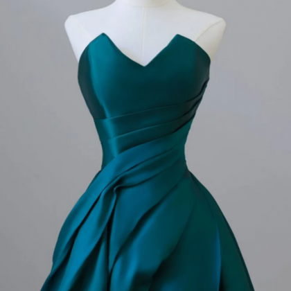 A Line Strapless Satin Peacock Blue Long Prom..