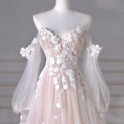 A Line Long Sleeves Tulle Lace Champagne Long Prom..
