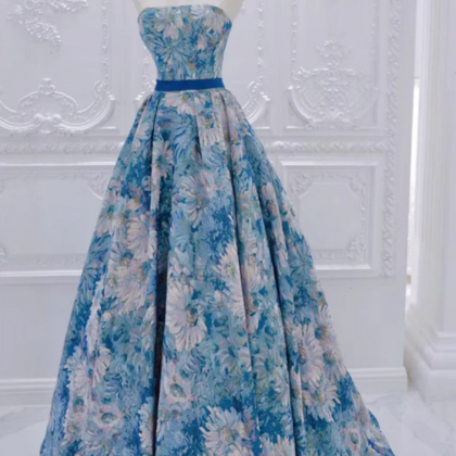 A Line Flower Satin Blue Long Prom Dress, Blue..