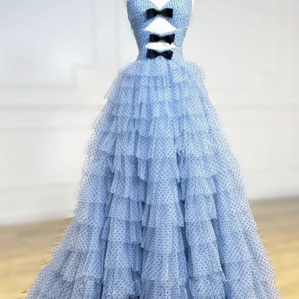 A Line Flower Satin Blue Long Prom Dress, Blue..