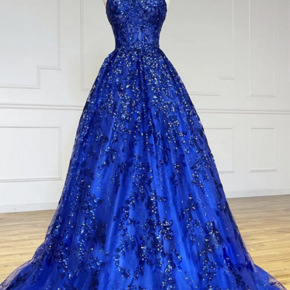 A Line Sweetheart Neck Tulle Sequin Blue Long Prom..