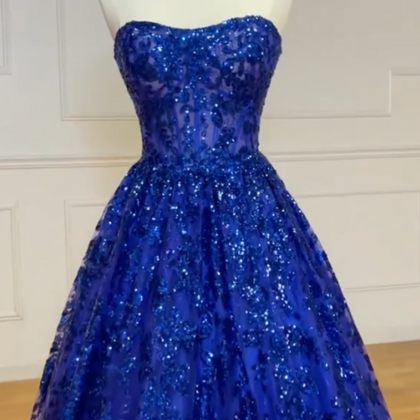 A Line Sweetheart Neck Tulle Sequin Blue Long Prom..