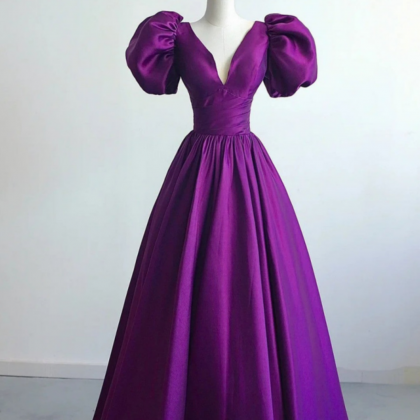 Purple Satin A Line Short Sleeves Long Formal..
