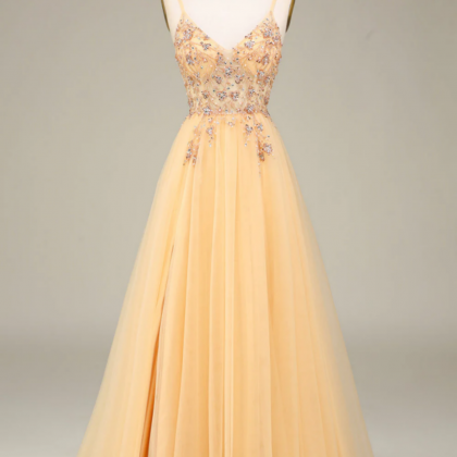 Charming Golden A Line Spaghetti Straps Long Prom..