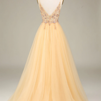 Charming Golden A Line Spaghetti Straps Long Prom..
