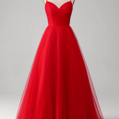 Red Ball Gown Princess V Neck Tulle Pleated Long..