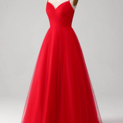 Red Ball Gown Princess V Neck Tulle Pleated Long..
