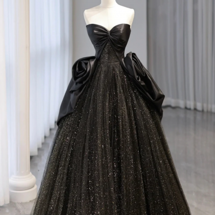 Black Strapless Satin And Tulle Long Prom Dress,..