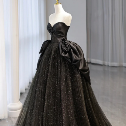 Black Strapless Satin And Tulle Long Prom Dress,..