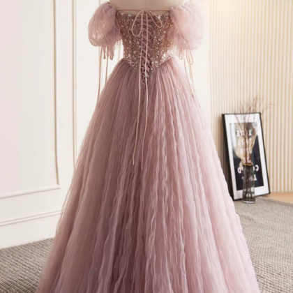 Pink Tulle Sequins Floor Length Prom Dress,..
