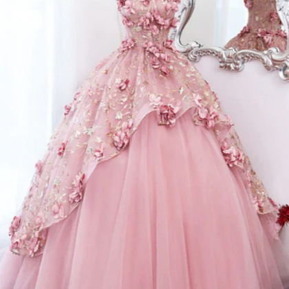 Cute Pink Tulle Long Prom Dress With Flowers Sweet..