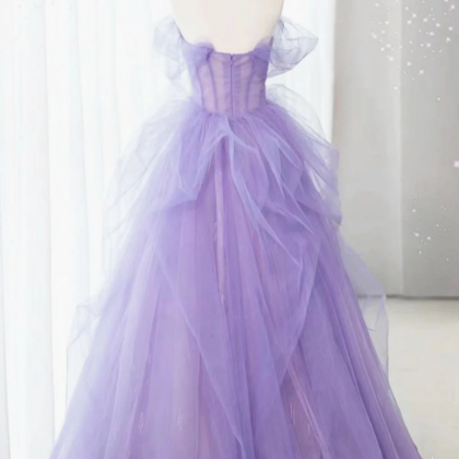 Purple Lace Floral Tulle Long Prom Dresses, Purple..