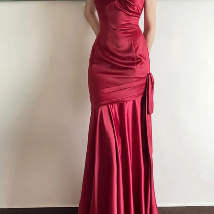 Wine Red Satin Straps Long Evening Dress Prom..