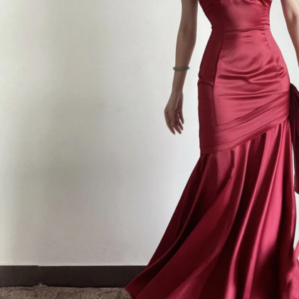 Wine Red Satin Straps Long Evening Dress Prom..