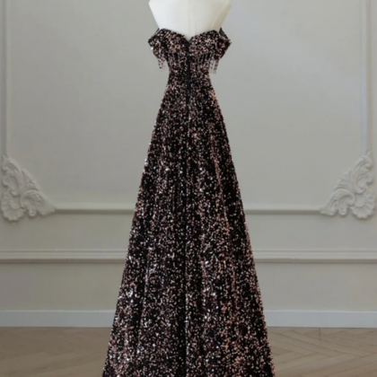 A Line Off Shoulder Coffee Gold Sequin Long Prom..