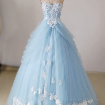 Unique A-LIne Satin Lace Long Prom Dresses, Blue Satin Sweet 16 Dresses