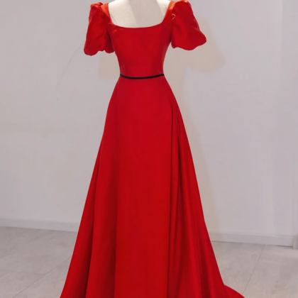Elegant Satin Long Party Dress with Lace Applique, Dark Red Long Prom Dress
