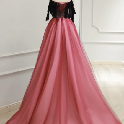 A Line Tulle Watermelon Red Long Prom Dress,..