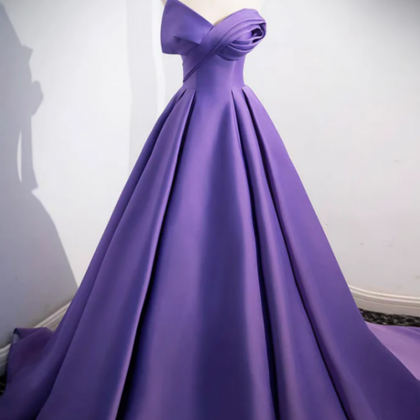 A Line Off Shoulder Satin Purple Long Prom Dress,..