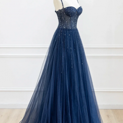Blue Spaghetti Strap Tulle Sequins Long Prom..