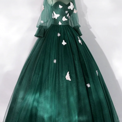 Dark Green Tulle Floor Length Prom Dress With..
