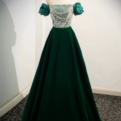 A Line Velvet Sequin Beads Green Long Prom Dress,..