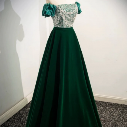 A Line Velvet Sequin Beads Green Long Prom Dress,..