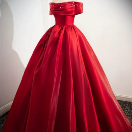 A Line Off Shoulder Satin Red Long Prom Dress, Red..