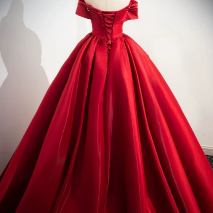 A Line Off Shoulder Satin Red Long Prom Dress, Red..
