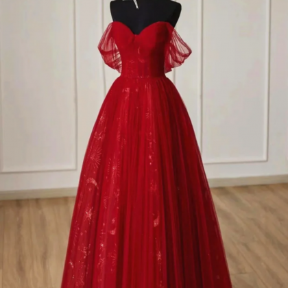 Cute Wine Red Tulle Sweetheart Off Shoulder Prom..