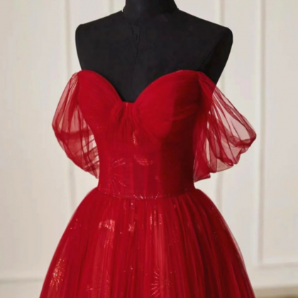 Cute Wine Red Tulle Sweetheart Off Shoulder Prom..