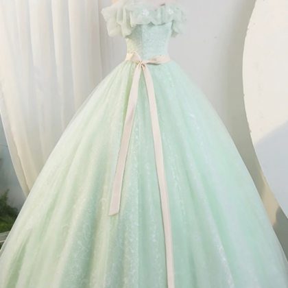 Fairy A Line Off the Shoulder Sage Green Tulle Sage Ball Gown Prom