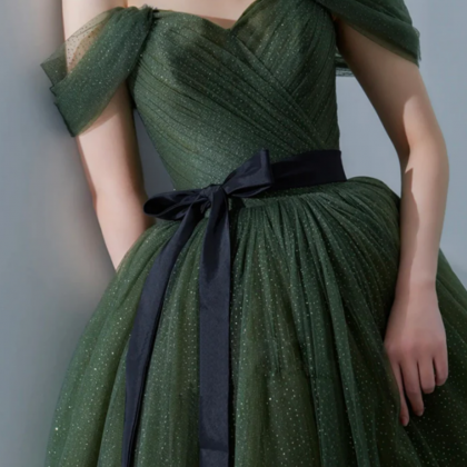 A Line Off Shoulder Tulle Green Long Prom Dress,..