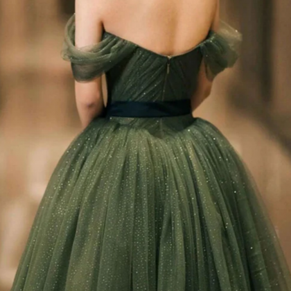 A Line Off Shoulder Tulle Green Long Prom Dress,..