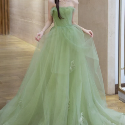A Line Tulle Lace Green Long Prom Dress, Green..
