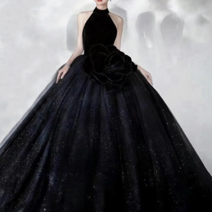 Black Halter Shiny Tulle Long Ball Gown, Black A..