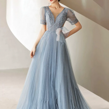 Dusty Blue Pleated Tulle Floor Length Prom Dress,..