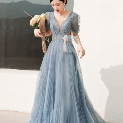 Dusty Blue Pleated Tulle Floor Length Prom Dress,..