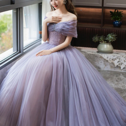 Purple Tulle Beaded Floor Length Prom Dress, Off..