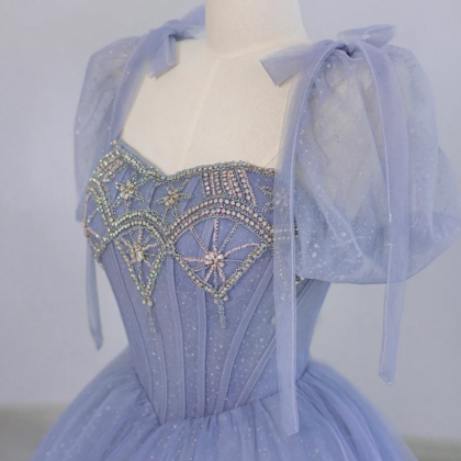 Blue Beaded Straps A-line Tulle New Evening Prom Dress Party Dress, Blue Floor Length Party Dress main image 1