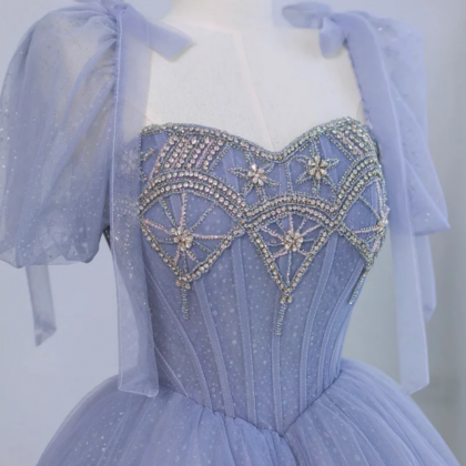 Blue Tulle Beaded Long A Line Prom Dress Formal Evening Dress Ball Gown Y7627 main image 1