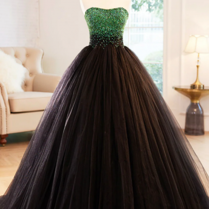 Black Strapless Tulle Long Prom Dress With Green..