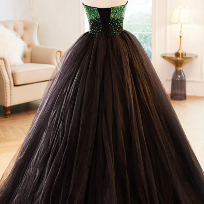 Black Strapless Tulle Long Prom Dress With Green..