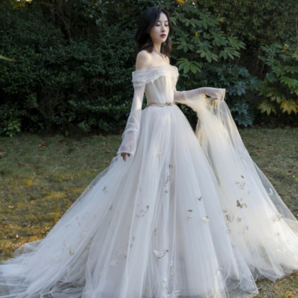 Ivory Tulle Long Sleeve Prom Dress, A Line Evening..