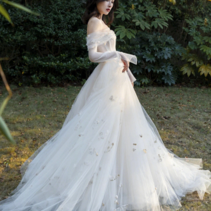 Ivory Tulle Long Sleeve Prom Dress, A Line Evening..