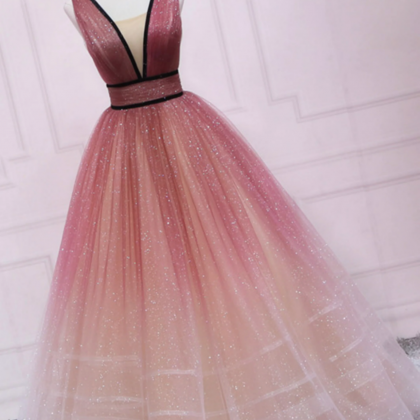 Cute Ombre Tulle V Neck Long Party Dress, A Line..