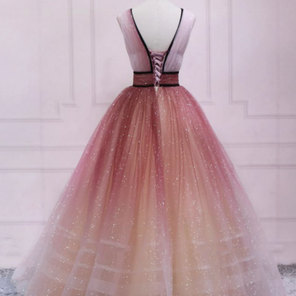 Cute Ombre Tulle V Neck Long Party Dress, A Line..