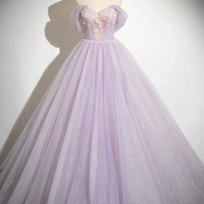 Lilac Strapless Tulle Long Prom Dresses With..